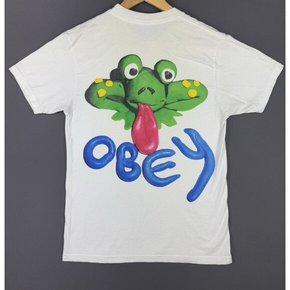 Obey Skate Streetwear Frog Art Tongue Spellout White Shirt Small Hype Rare Tee - Picture 1 of 14